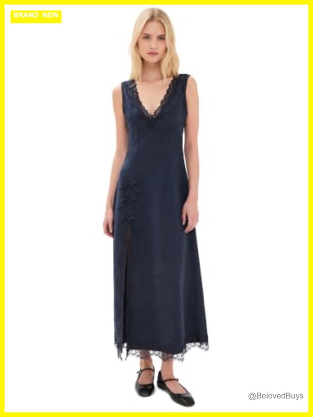Lace Insert Midi Dress Sleeveless V-Neck A-Line Bow Casual